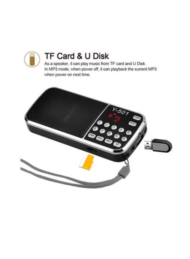 Y-501 Mini FM Radio Digital Portable 3W Stereo Speaker MP3 Audio Player High Fidelity Sound Quality w/ 0.75 Inch Display Screen LED Flashlight Support USB Drive TF Card AUX-IN Earphone-out - Image 4